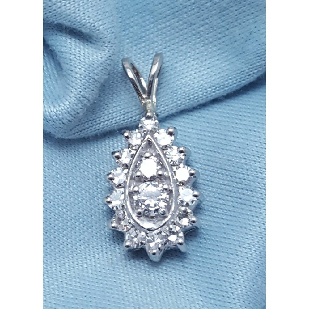Elegant 14K Karat Solid White Gold Designer Teardrop Oval Diamond Charm Pendant